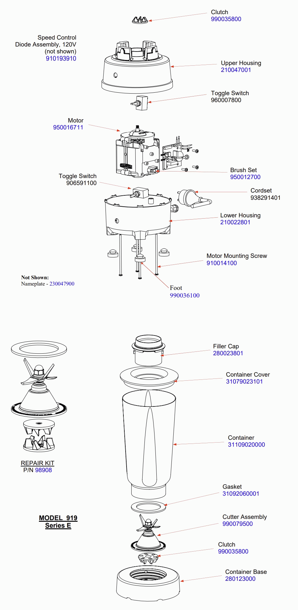 Diagram Diagram and Parts List for 919-E  Hamilton Beach Blender